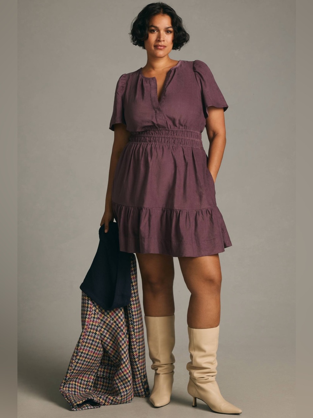 Anthropologie Somerset Mini Dress Purple XLP Smocked Tiered 100% Cotton Pockets